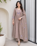 Taupe Butterfly Embroidered Anarkali Kurta with Palazzo and Dupatta Set