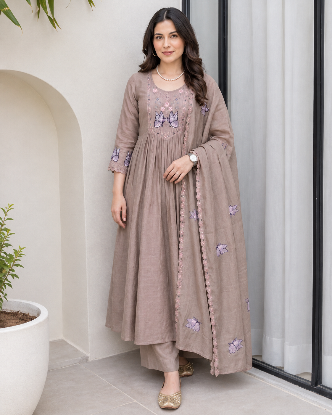 Taupe Butterfly Embroidered Anarkali Kurta with Palazzo and Dupatta Set