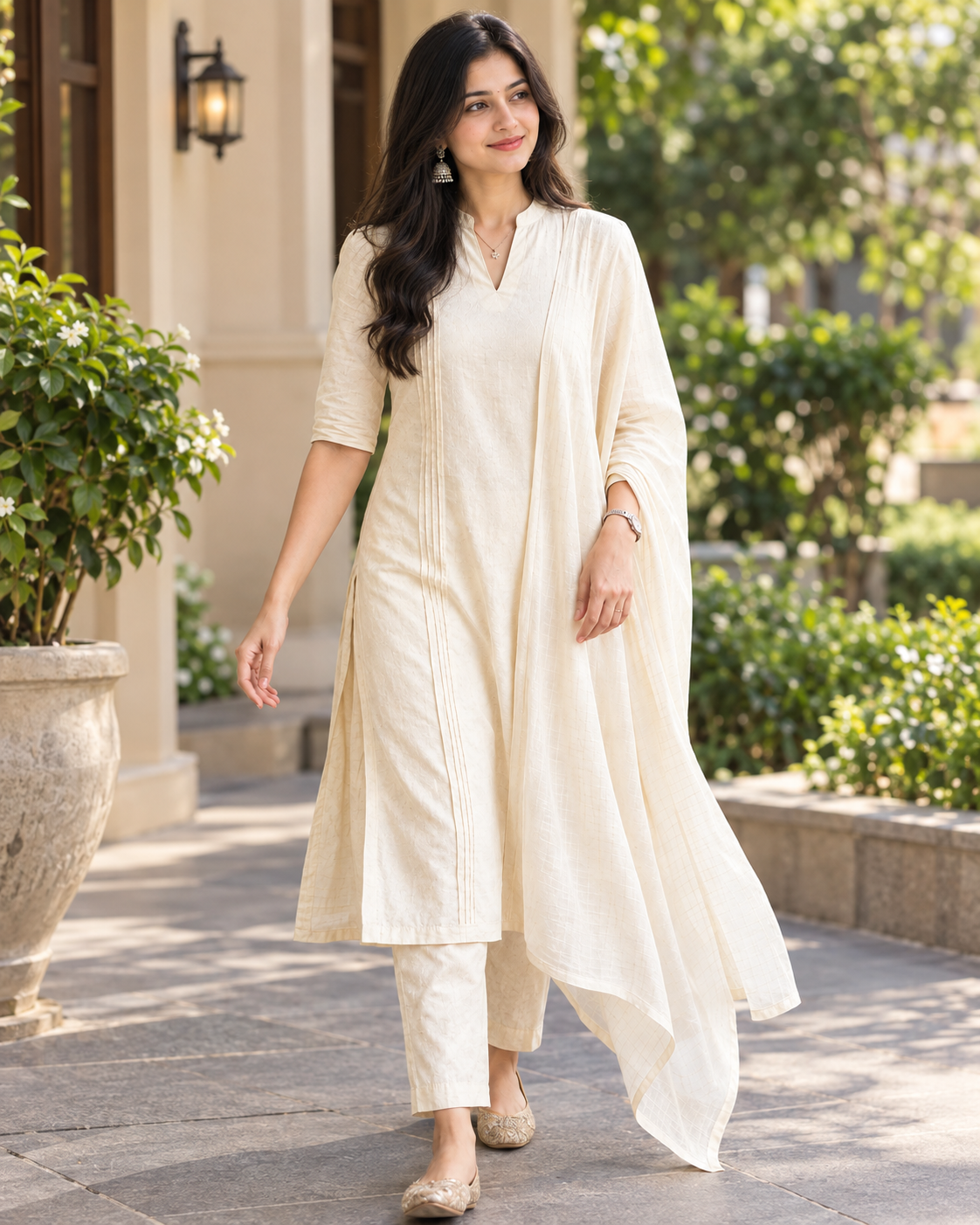 Off-White Pleated Straight Kurta with Matching Pants and Dupatta Set