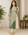 Greenjari Sage Green Asymmetric Pleated Embroidered Kurta with Pants Set