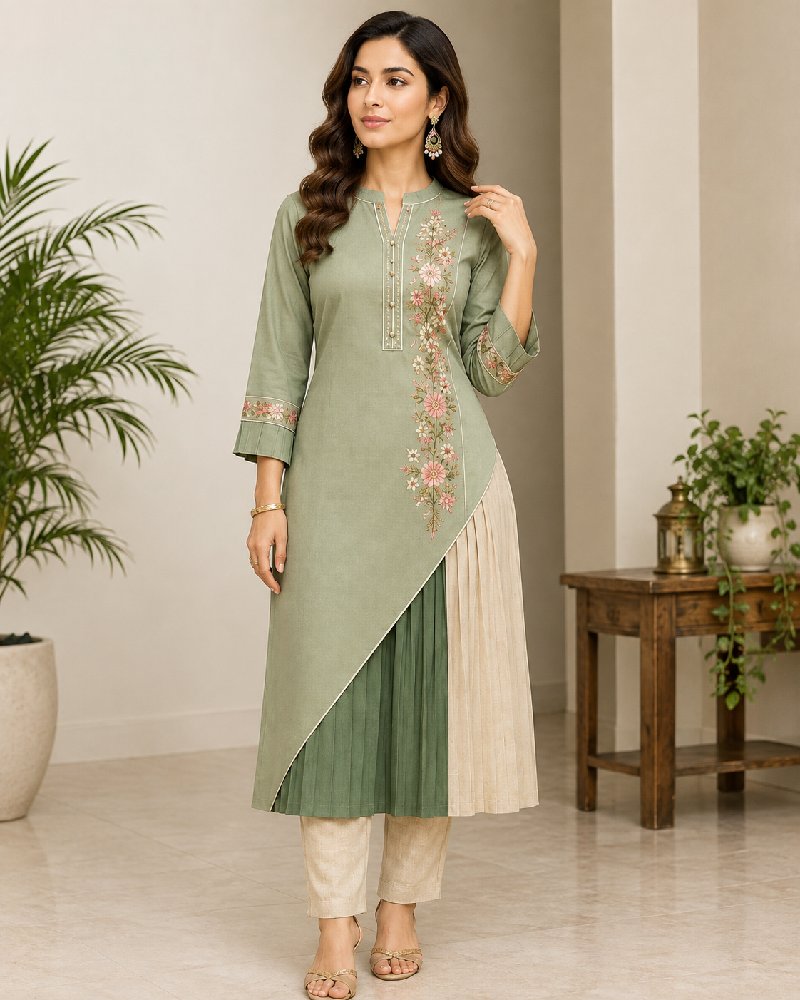 Greenjari Sage Green Asymmetric Pleated Embroidered Kurta with Pants Set