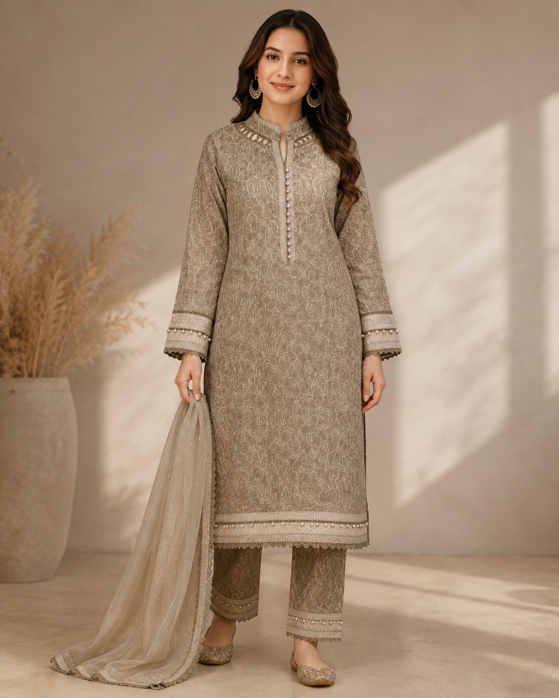 Timeless Taupe Embroidered Kurta Set