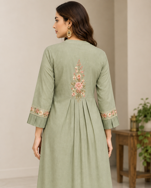Greenjari Sage Green Asymmetric Pleated Embroidered Kurta with Pants Set